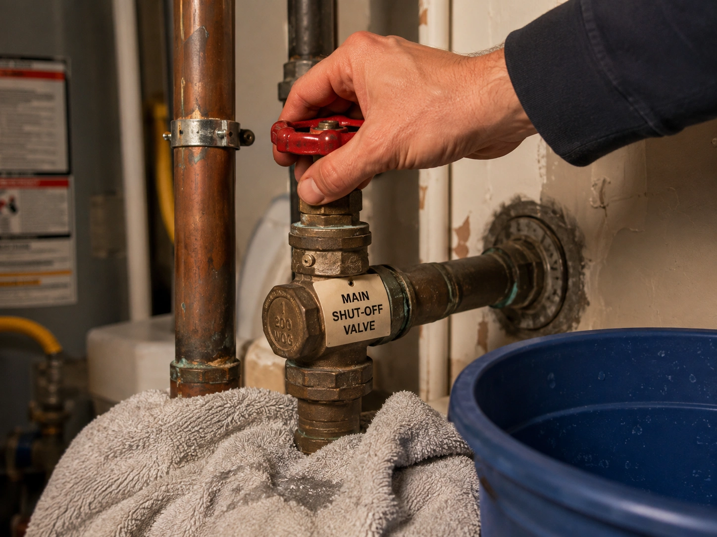 Emergency plumbing repair being carried out on a leaking pipe