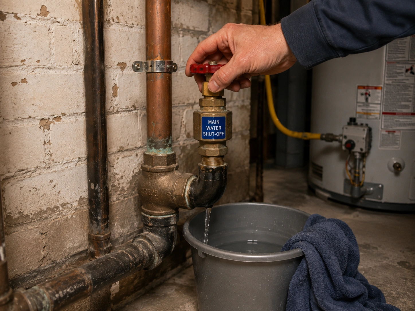Emergency plumbing repair being carried out on a leaking pipe