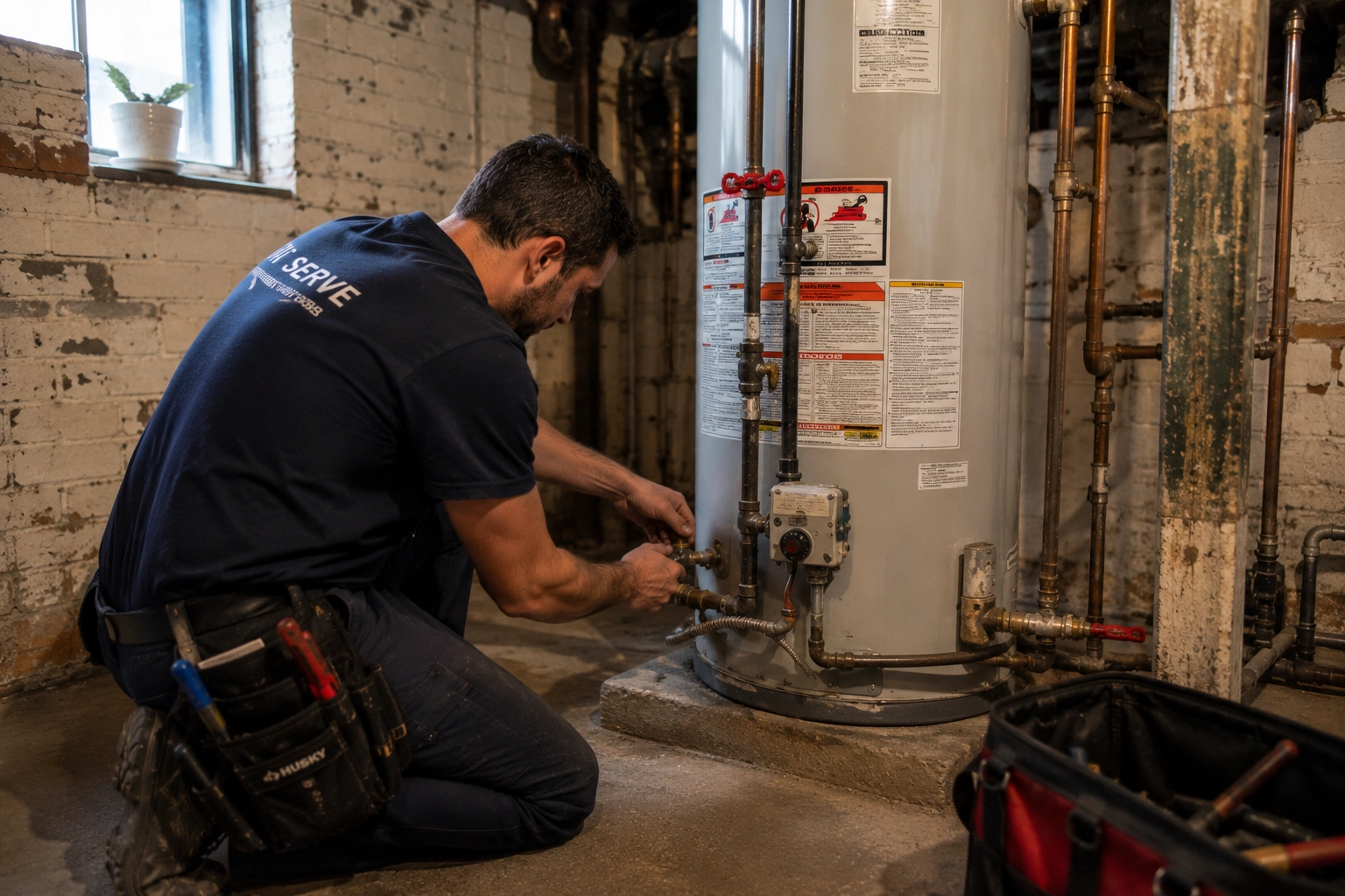 Plumber working on residential plumbing in a Lincoln Park property