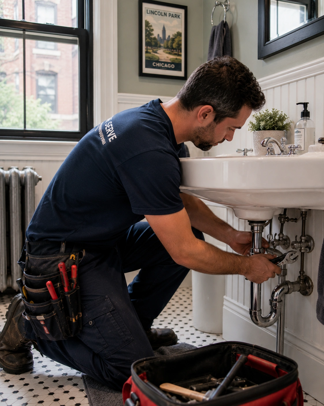 Plumber working on pipework during a service call in Lincoln Park, Chicago