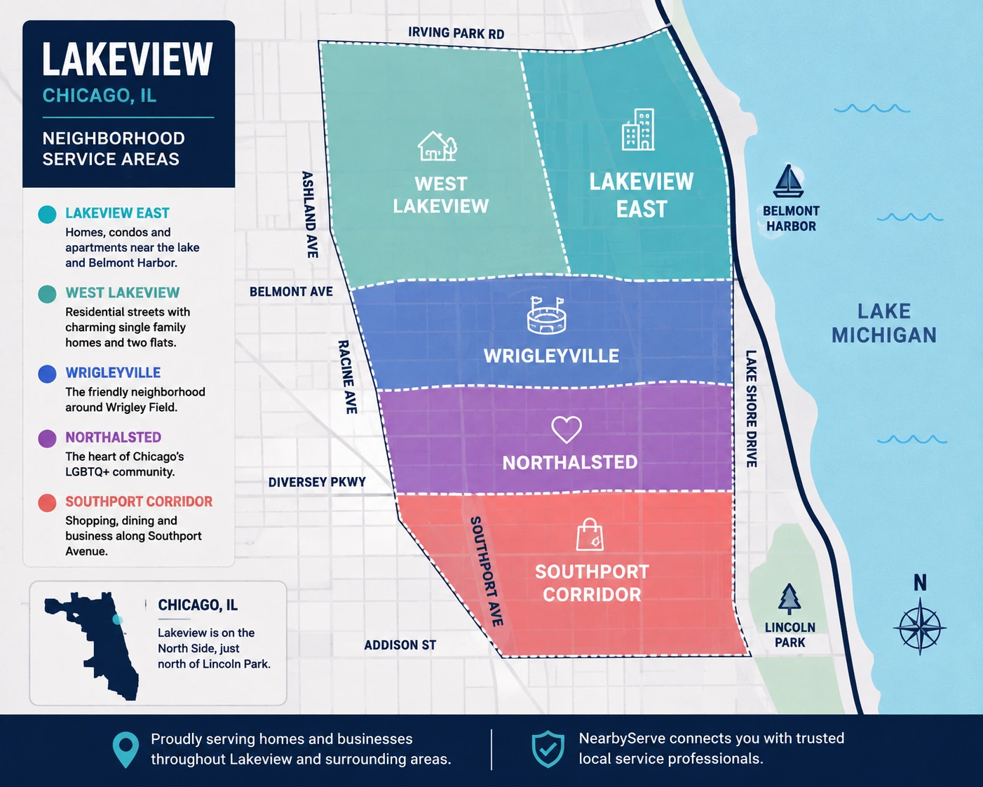 Map of plumbing service areas around Lakeview in Chicago