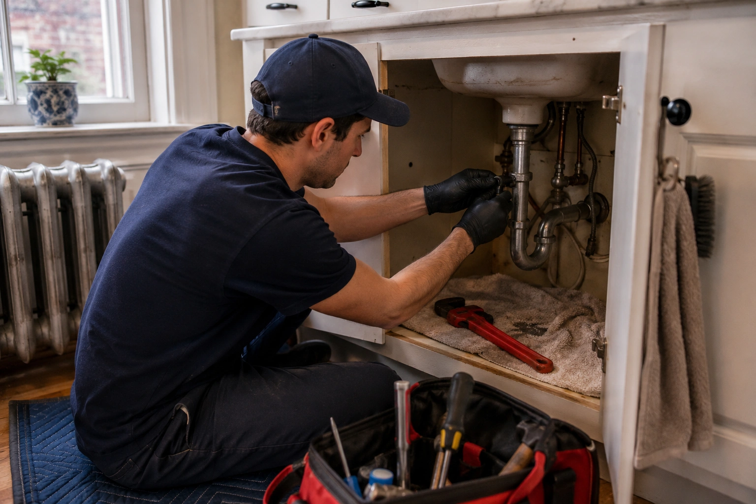 Plumber repairing under sink pipework in a Lakeview apartment