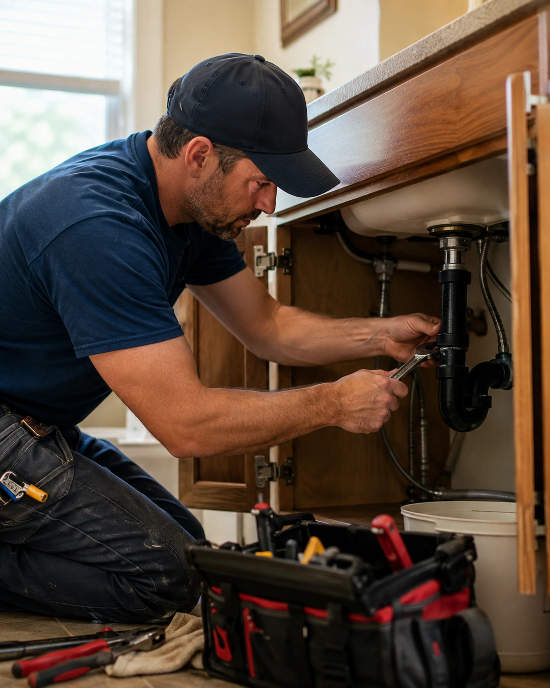 Professional plumber working on pipework during a plumbing service call in the United States