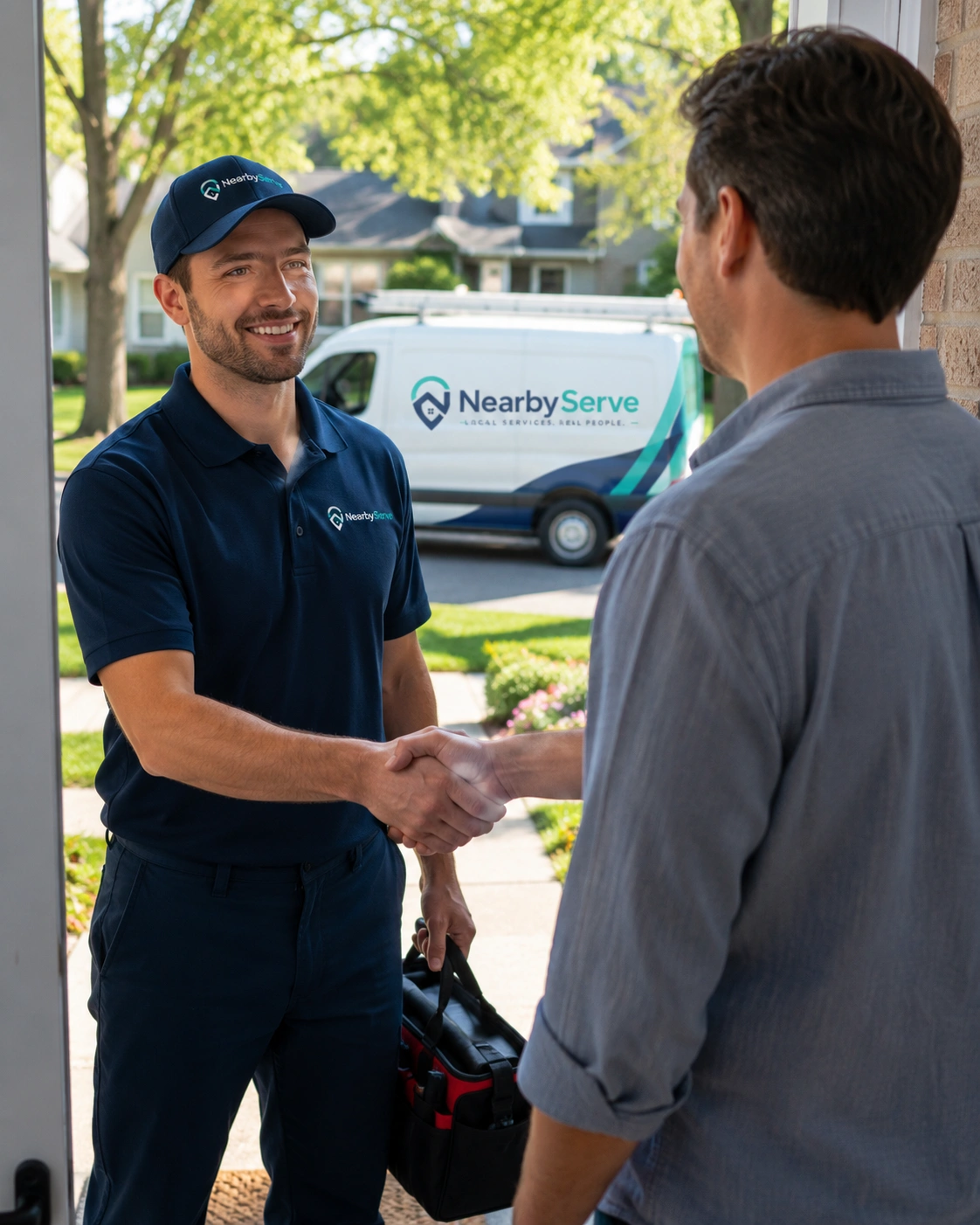 NearbyServe local service provider arriving at a customer's front door