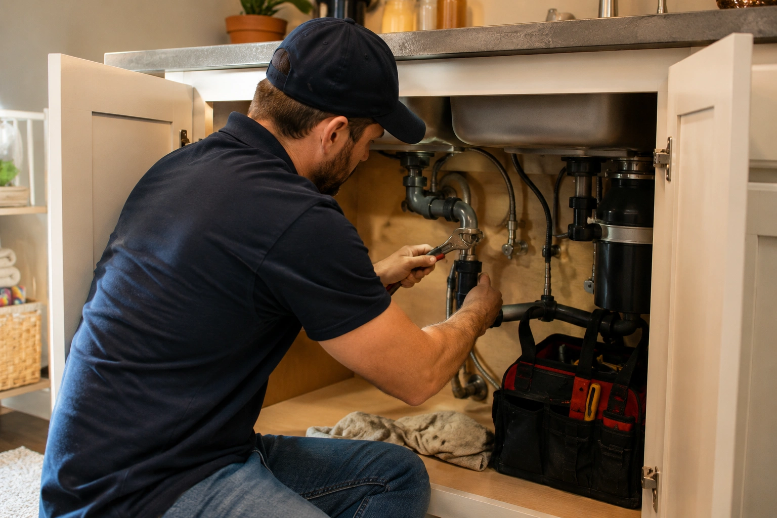 Residential plumbing repair being carried out by a local plumber in a US home
