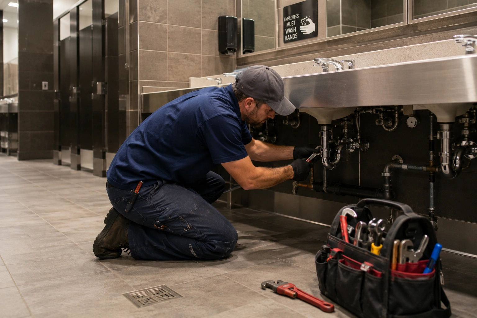 Commercial plumbing service work in a business property in the United States