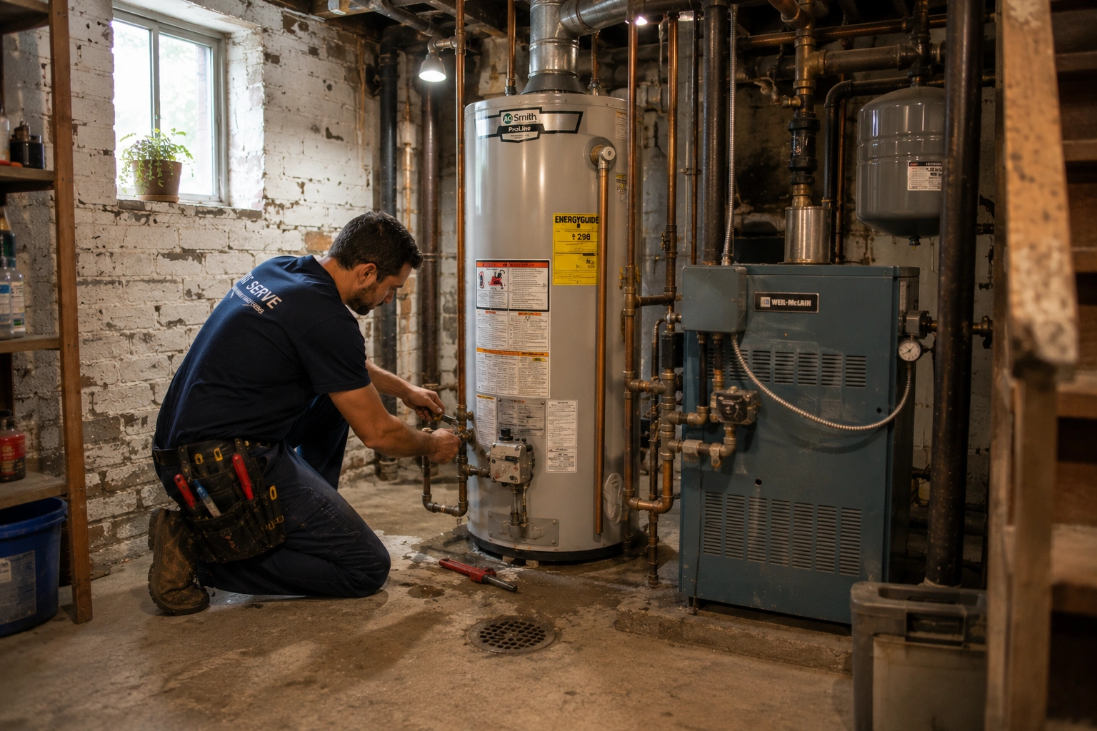 Residential plumber working in a Logan Square Chicago home