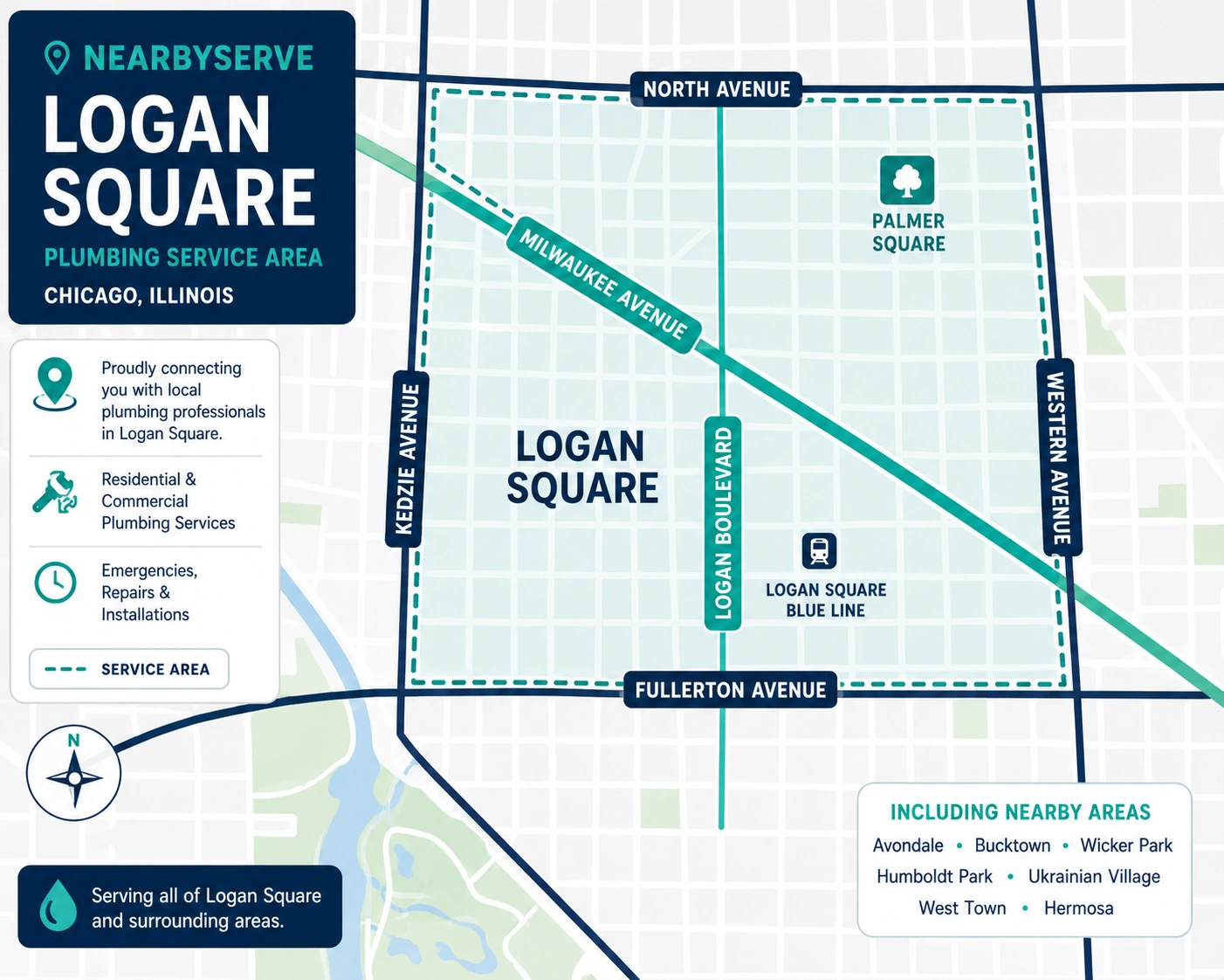 Map of the Logan Square Chicago plumbing service area