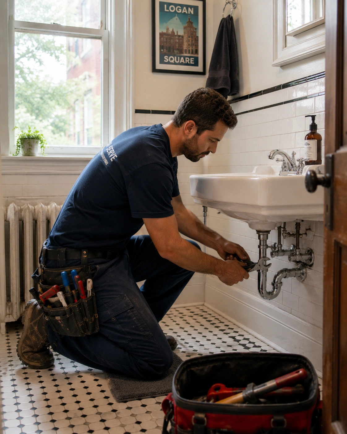 Plumber working inside a Logan Square Chicago apartment