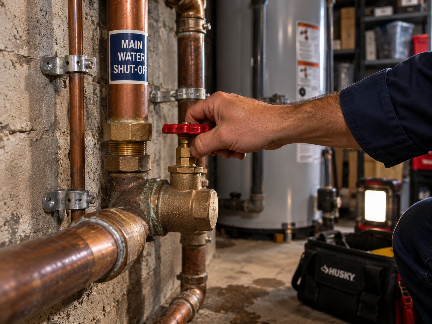 Plumber closing a main water shutoff during an emergency call in Wicker Park Chicago