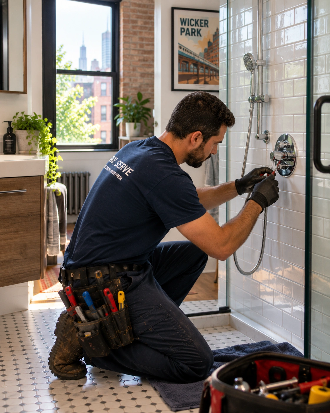 Plumber working on a residential plumbing repair in a Wicker Park Chicago apartment