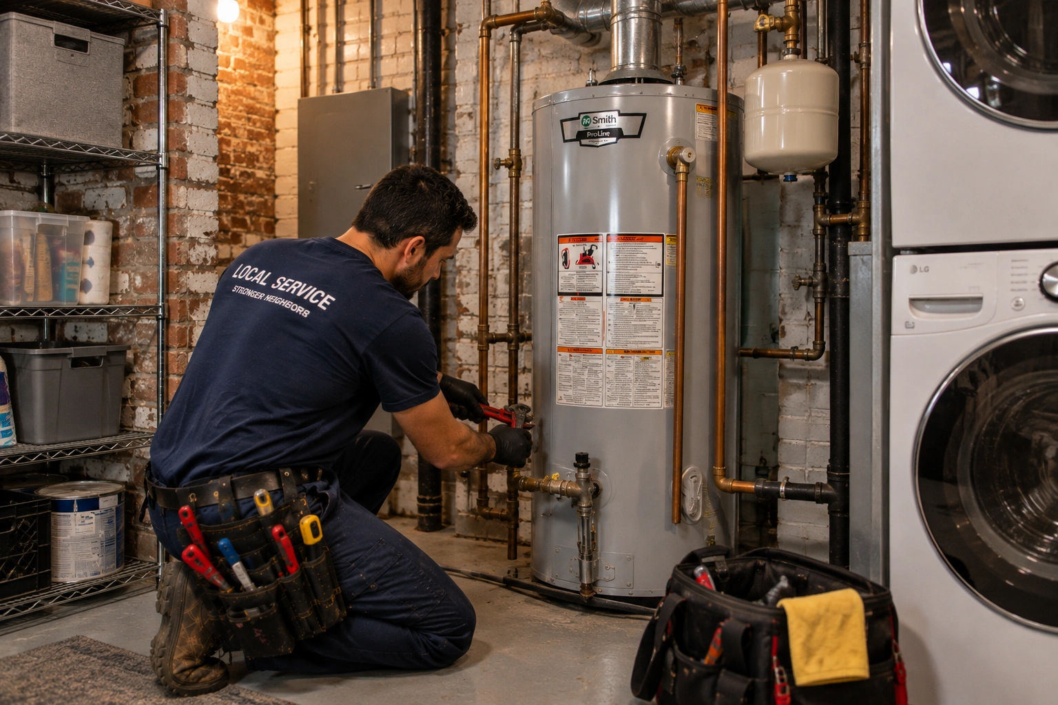 Residential plumber working on pipework in a Wicker Park Chicago condo