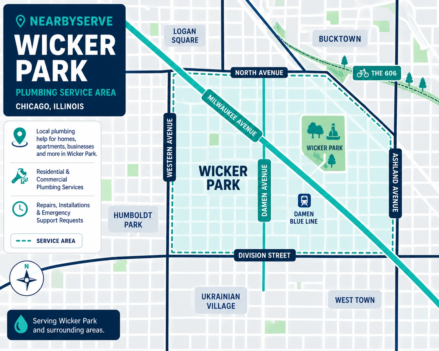 Illustrated map of the Wicker Park Chicago plumbing service area